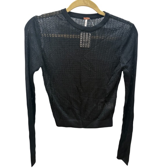 Free People Black Sheer Mesh Knit Cropped Long Sleeve Sweater Top S - Picture 2 of 8